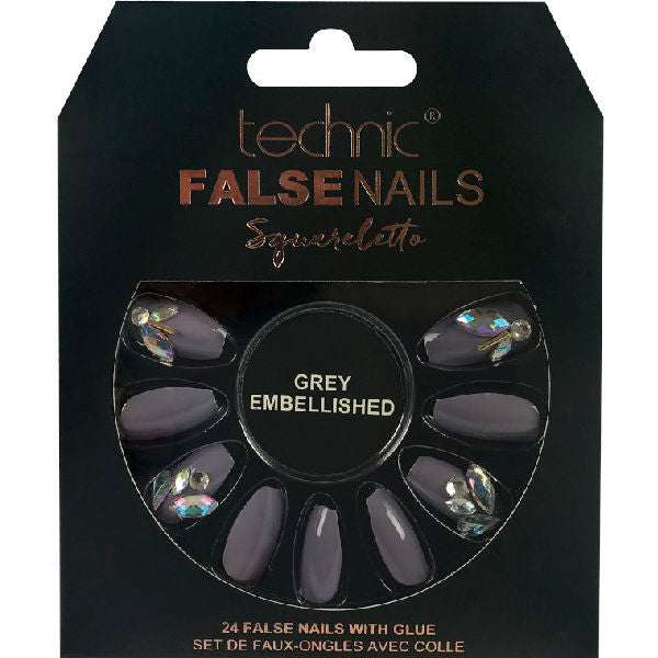 Technic Cosmetics Squareletto Grey Embellished False Nails