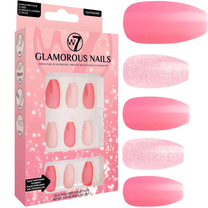 W7 Cosmetics Pink Glitter Pop Glamorous Nails False Nails