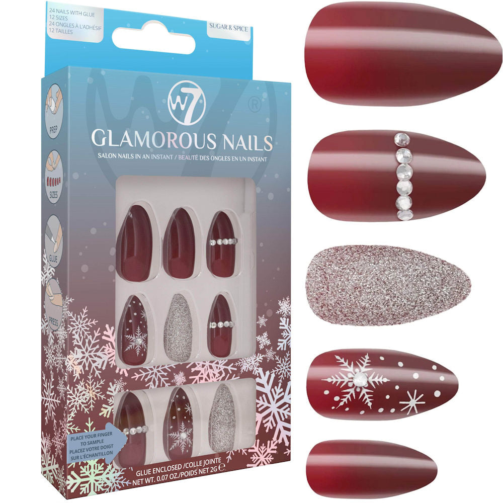 W7 Cosmetics Christmas Red Glitter Sugar & Spice Glamorous False Nails