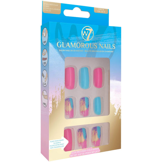 W7 Cosmetic Blue Pink Check You Out! Glamorous False Nails